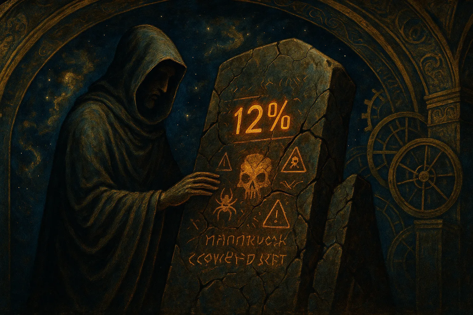 A hooded sentinel examines a cracked ancient tablet inscribed with corrupted code and warning runes in a Foundation Vault art style