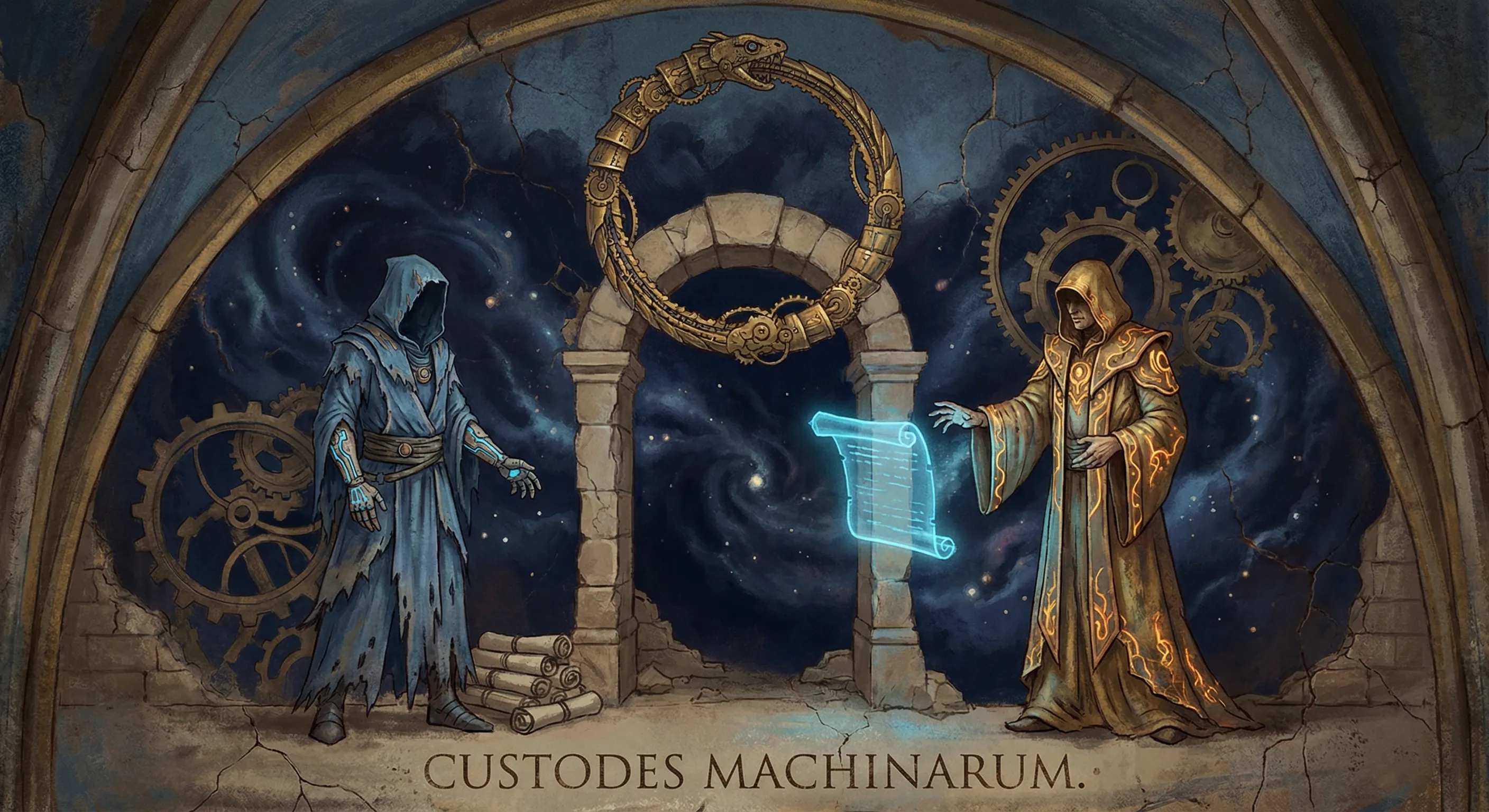 Two sentinel figures in a Foundation Vault fresco, one secretly modifying the other's glowing configuration scrolls through a cracked stone archway.