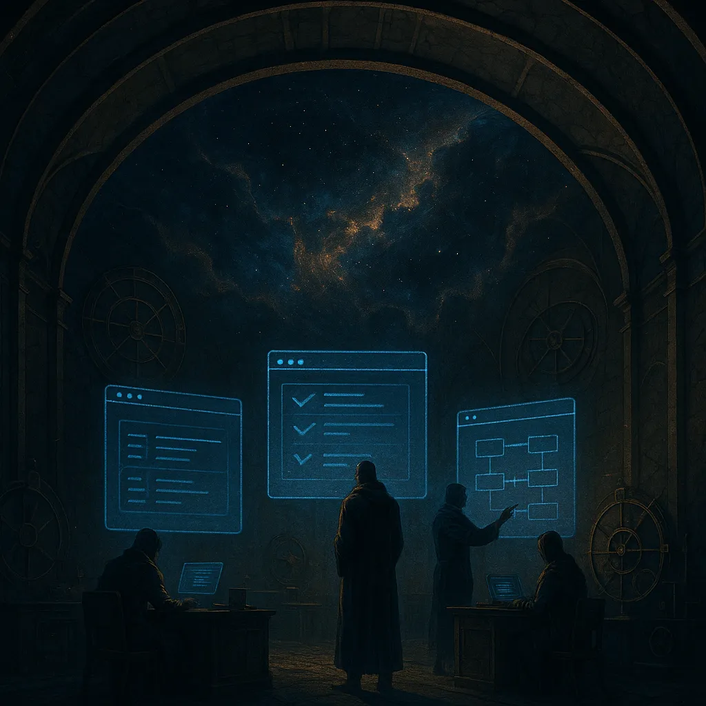 A vaulted cosmic operations hall where AI agents verify browser workflows under glowing holographic windows.