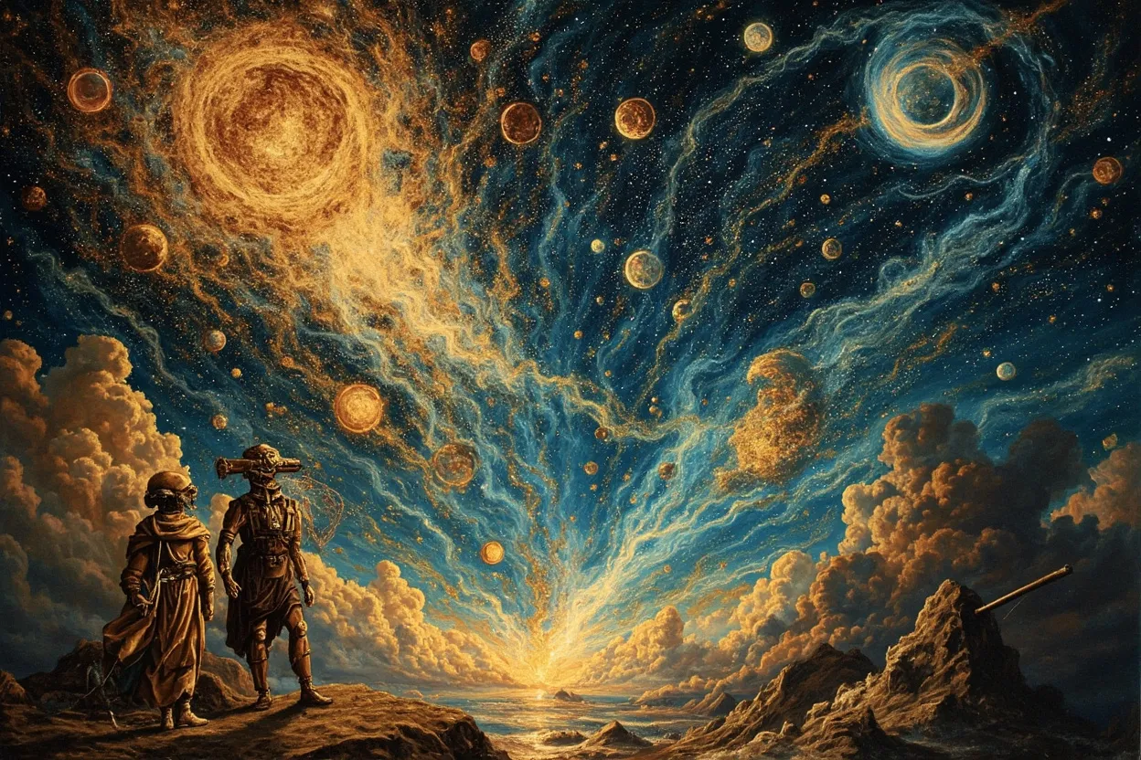 A cosmic fresco of AI agent networks visualized as a renaissance painting, deep blues and golds, Foundation Vault art style