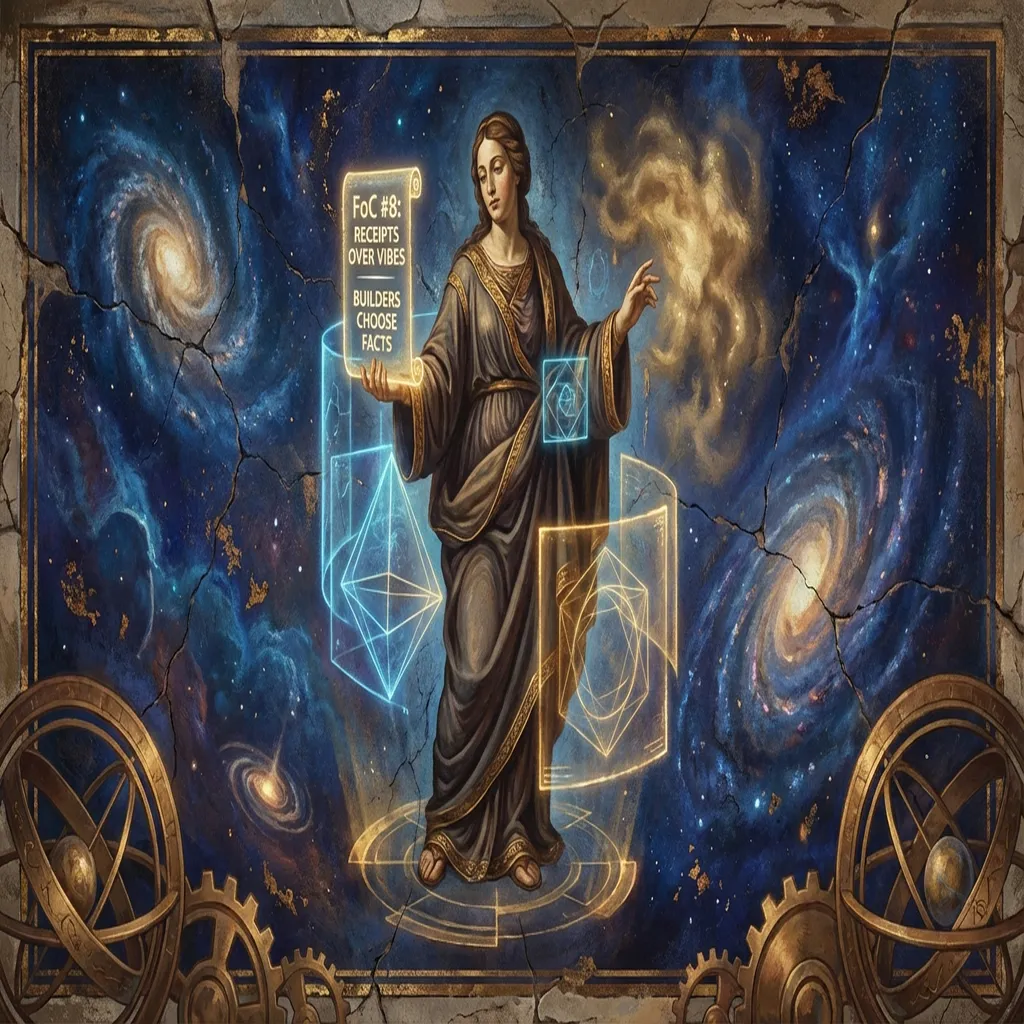 A vaulted galactic hall of operators and builders sharing notes over glowing terminals and holographic task boards