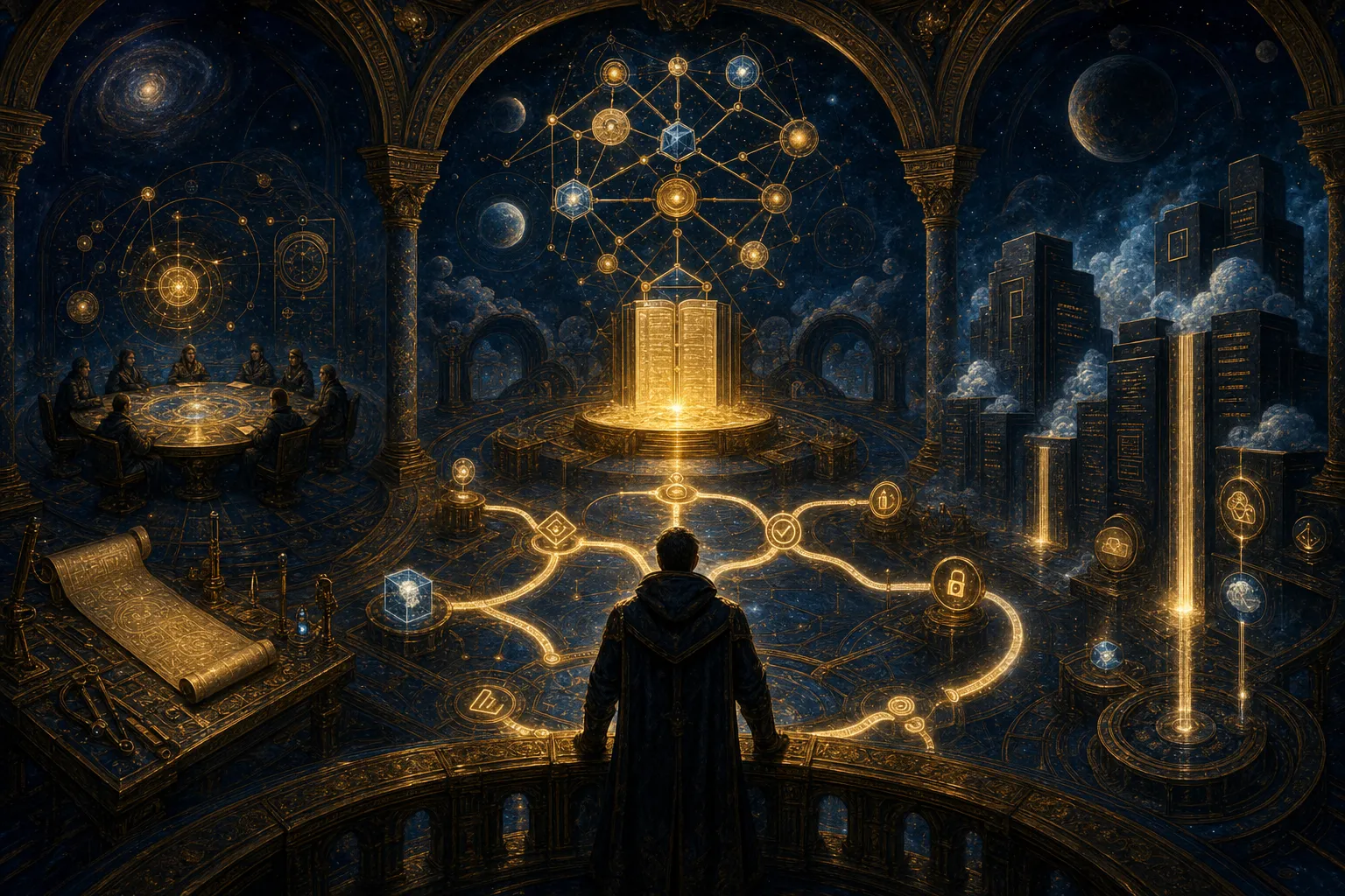 A deep blue and antique-gold operations vault where rival agent framework machines converge at a central proof ledger while an operator checks audit trails, approval gates, and recovery checkpoints