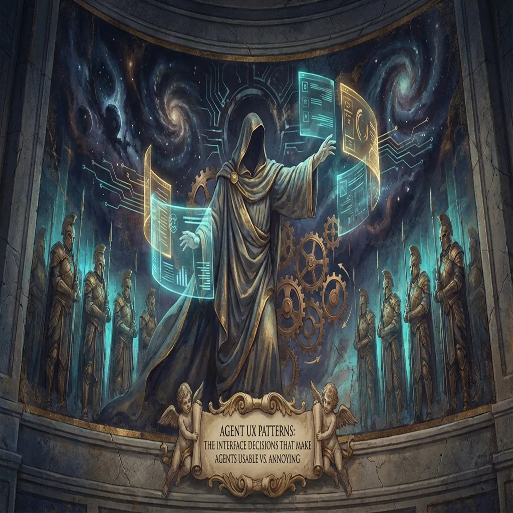 Robed figures interacting with glowing holographic agent interfaces in a vaulted vault fresco