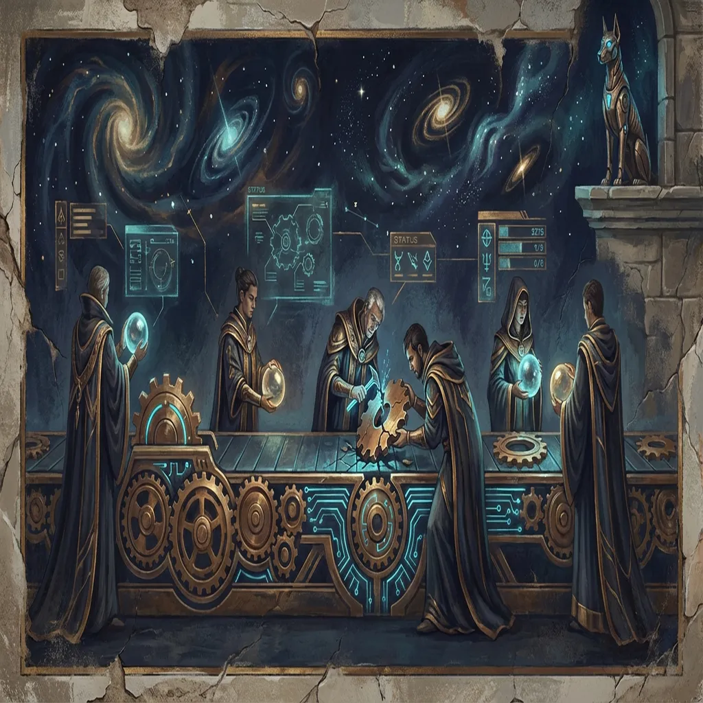 A conveyor belt of bronze gears carrying glowing task orbs through agent processing stations