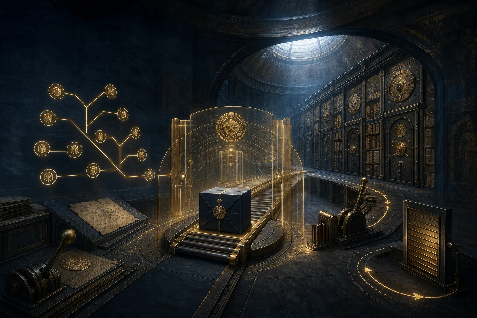 A sealed software package passing through a luminous provenance checkpoint into a governed enterprise registry.