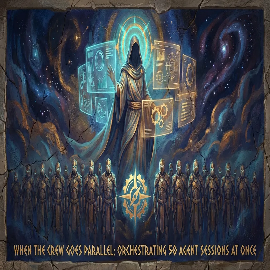 Dozens of robed agent figures coordinating across a vast cosmic fresco vault