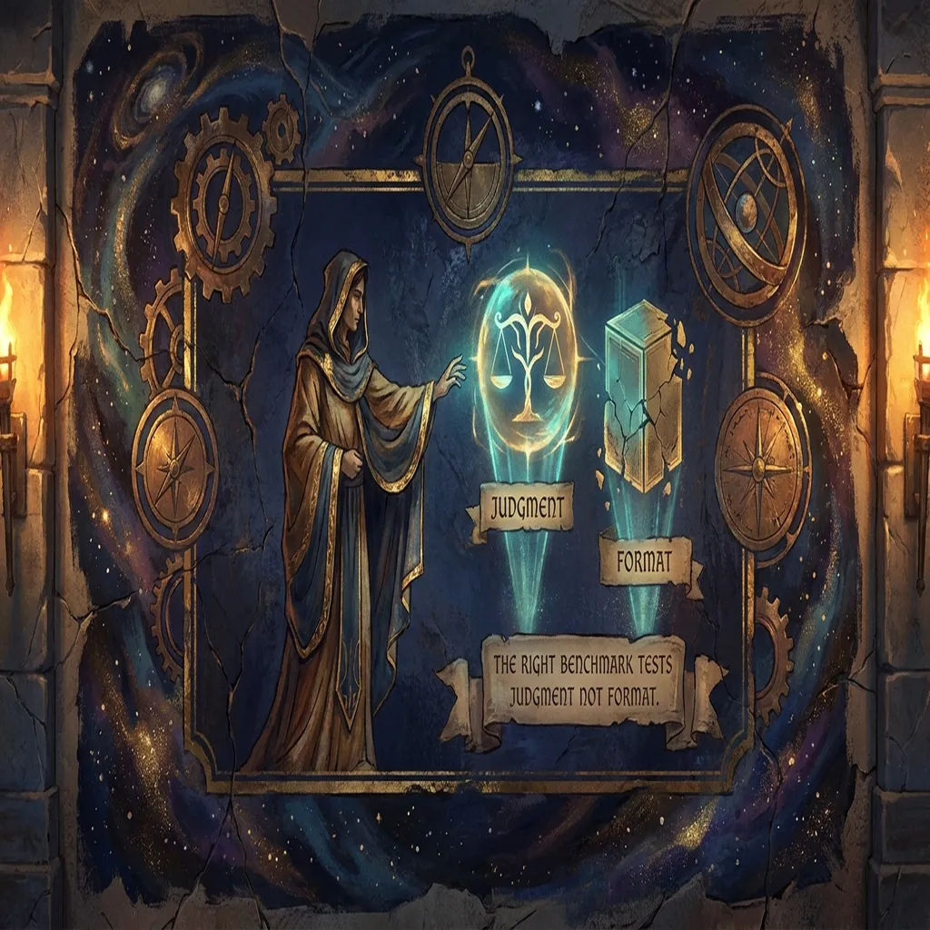 A Foundation Vault style fresco showing a wise guardian at a crossroads, holding a lantern over two paths—one smooth and polished, one rugged but leading to truth
