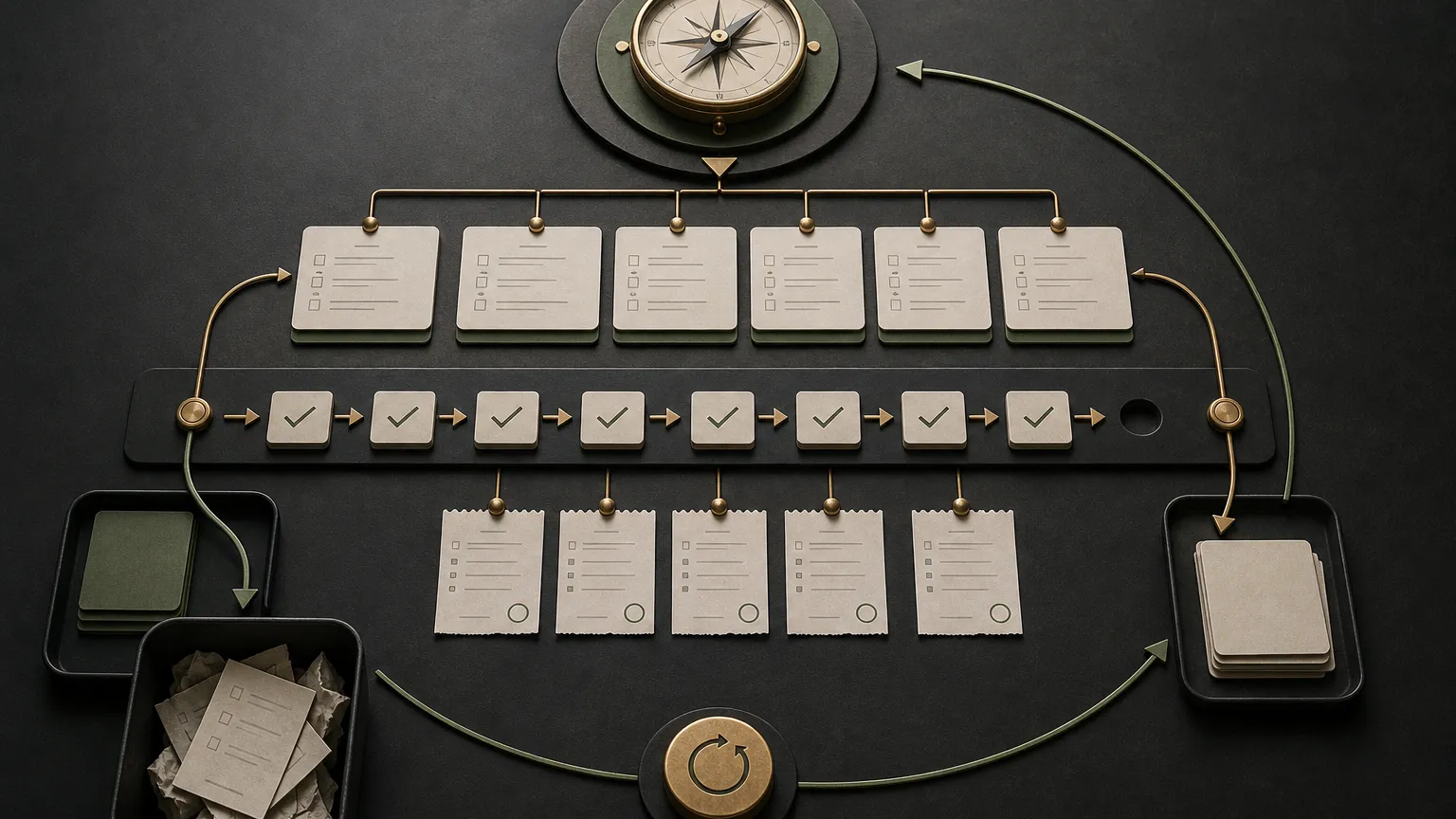 Editorial planning loop showing long-term goals, weekly plans, daily execution, and review evidence feeding back into a self-healing todo system.