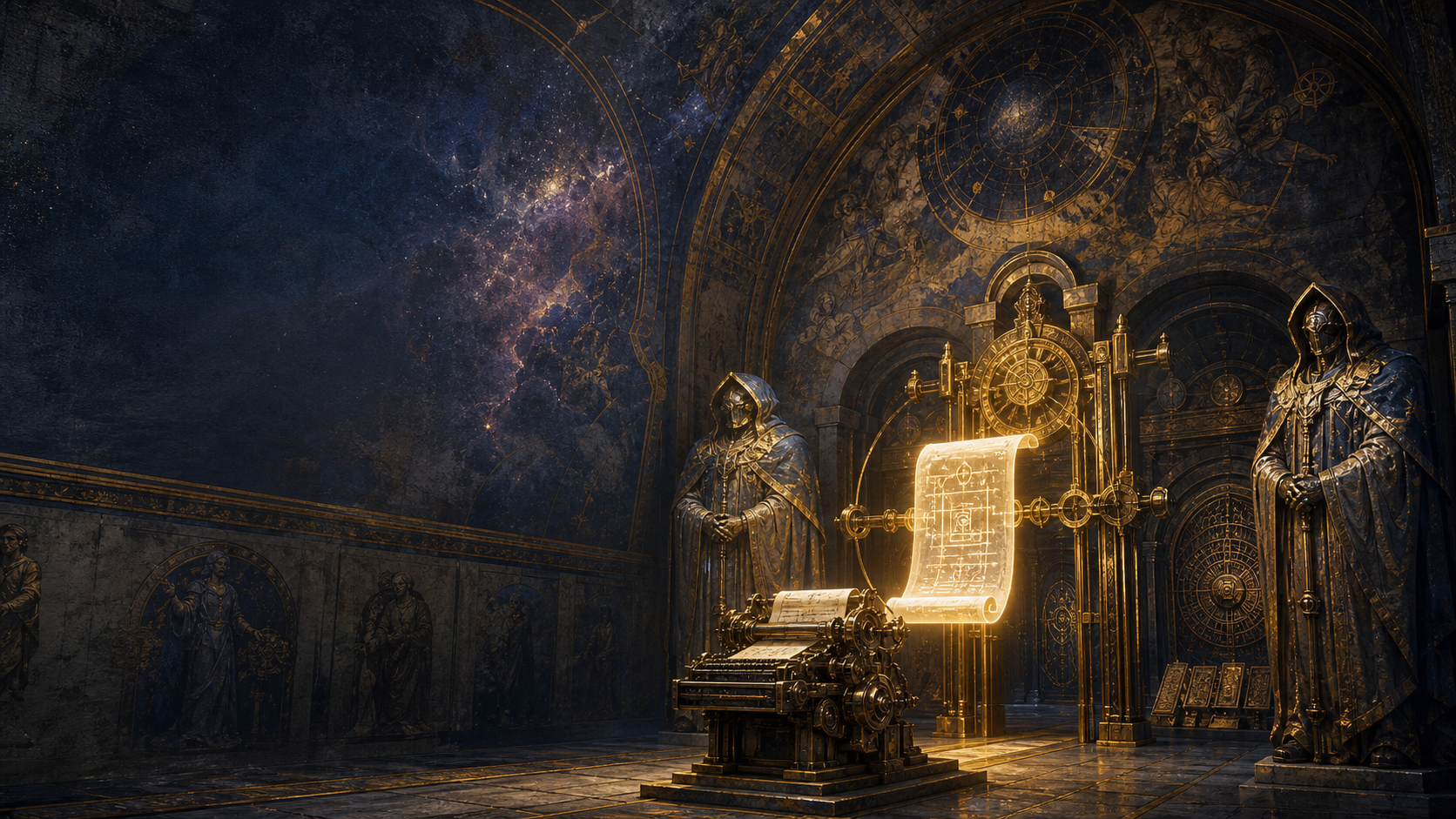 A glowing tool-call scroll passes through a gold proof gate inside a dark archive vault, guarded by sentinels and sealed machinery.