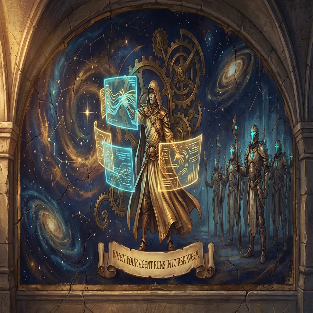 A sweeping fresco depicting hooded figures observing autonomous agents in a cosmic vault