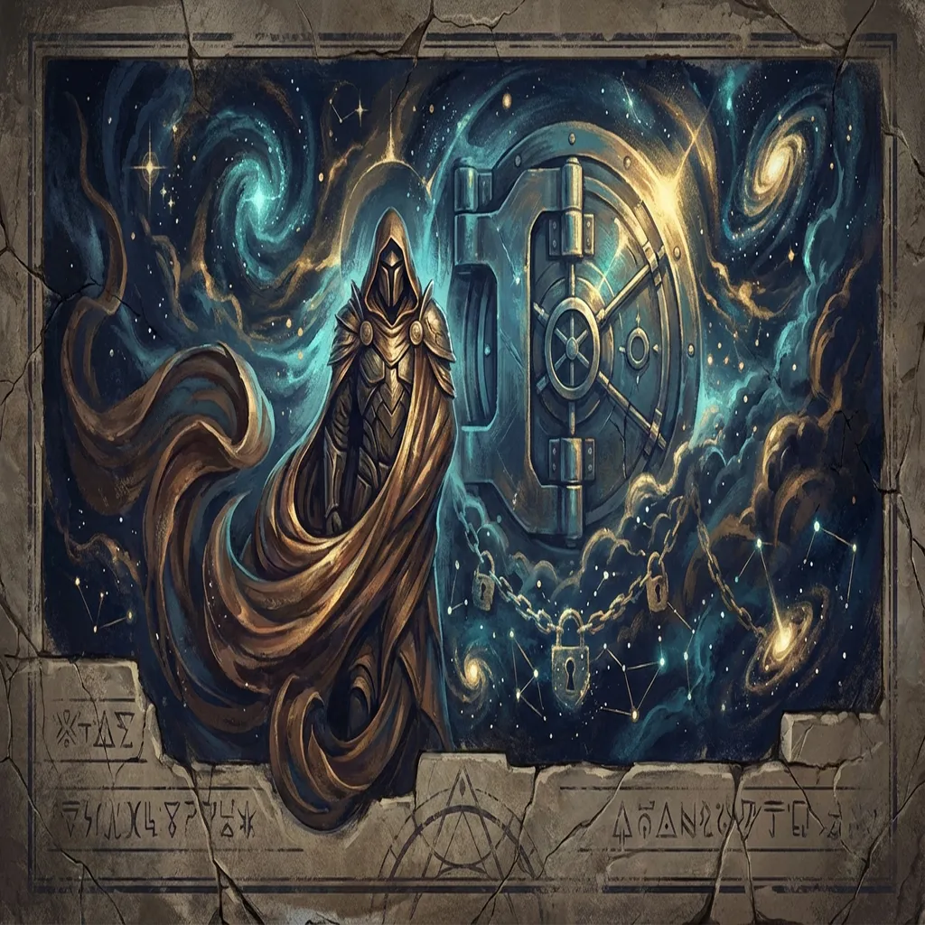 A sentinel figure examining glowing skill packages in a vaulted hall