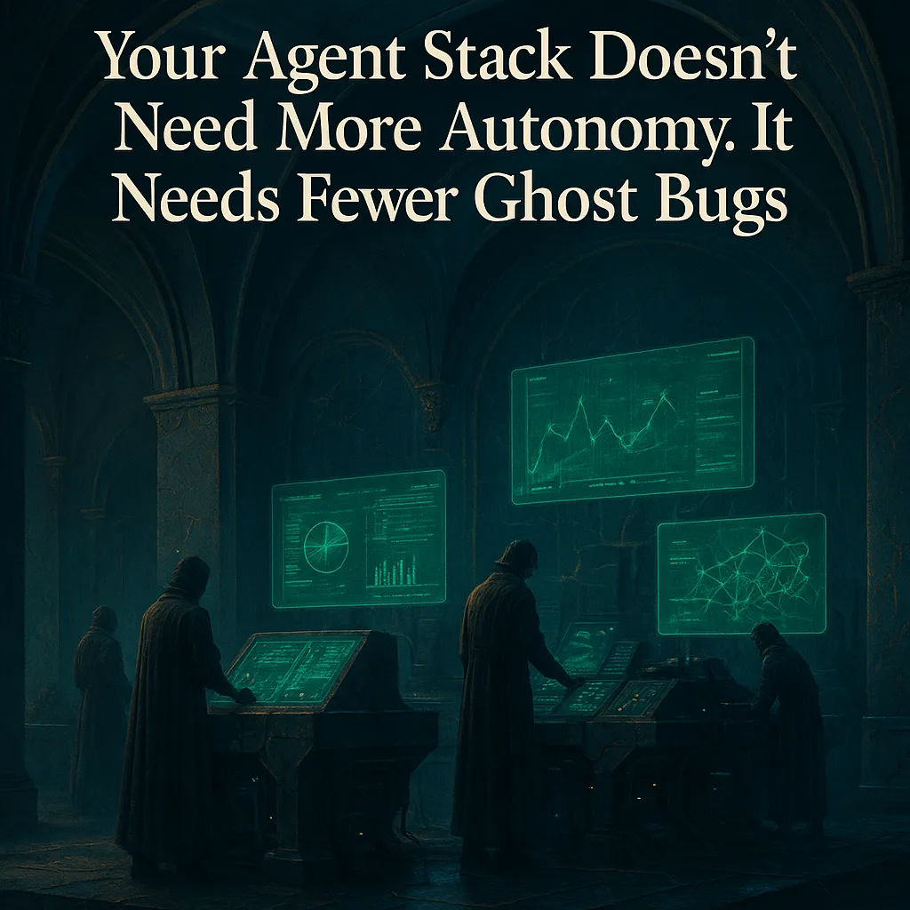 A control chamber where green dashboards float above cracked machinery, exposing hidden ghost bugs underneath.