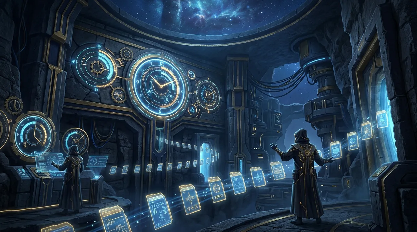 An operations wall of clocks, memory files, and autonomous agents learning through scheduled feedback loops.