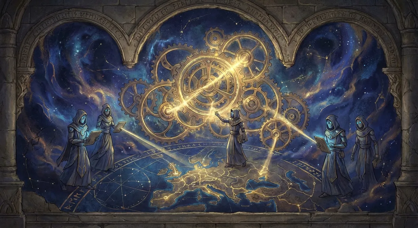 A sweeping Foundation Vault style clockwork representation of AI agent management.