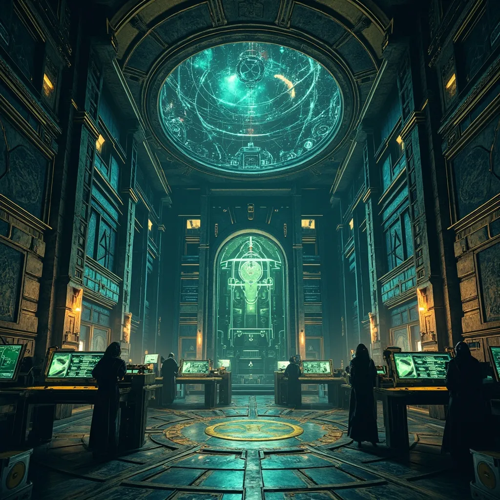 A cosmic operations chamber where AI agents appear powerful on the surface while deeper diagnostic machinery reveals hidden failures and missing proofs.