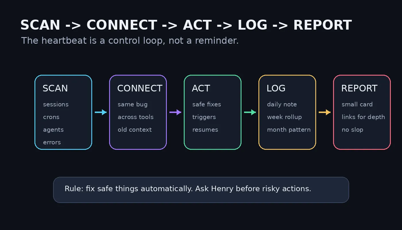 A control loop showing scan, connect, act, log, and report.
