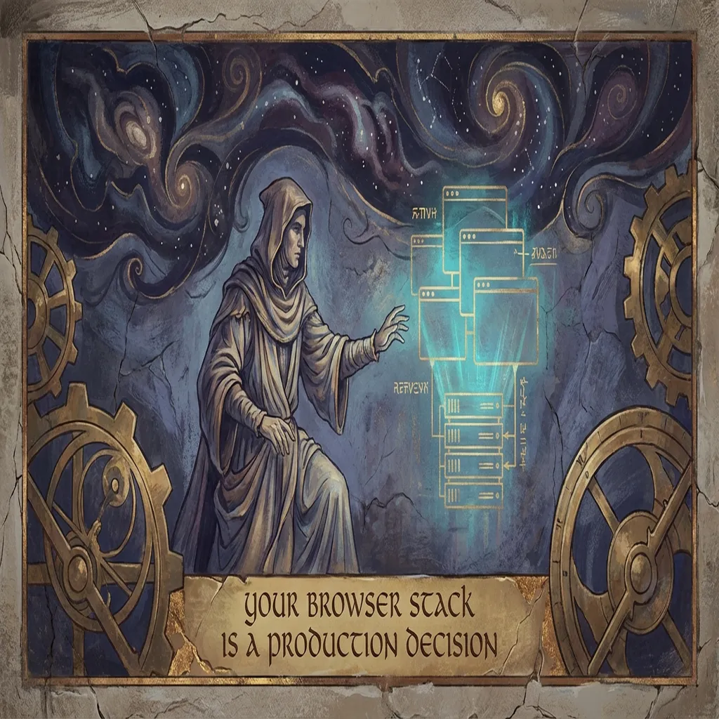 A cosmic browser control hall with layered interfaces, operators, and anti-bot gates in deep blue and gold.