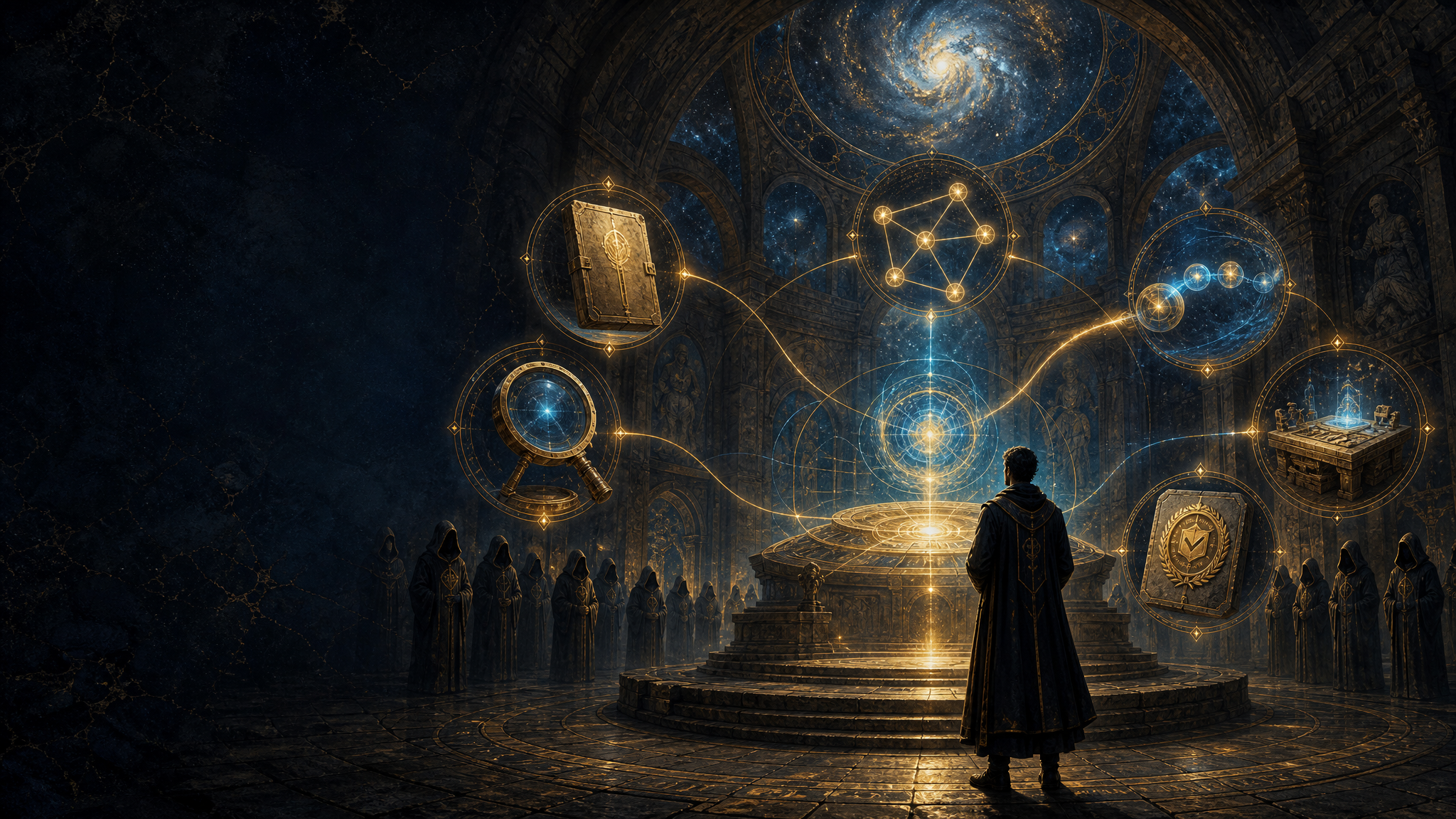 A vaulted futuristic archive and control room where six AI agent stations connect to shared files, search, graph memory, task boards, and proof receipts.